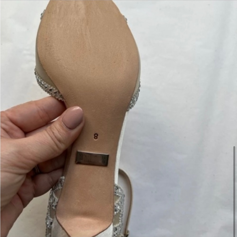 Badgley Mischka Champagne Satin Crystal Ankle-Strap Heels - Picture 4 of 5